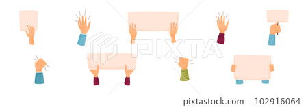 Raised Up Protester Arm with Banner in Hand Vector Set 102916064