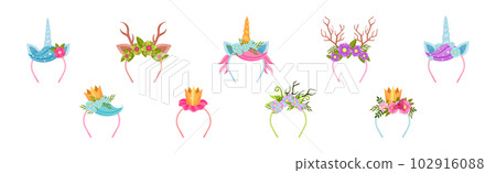 Hair Band and Headband with Decorative Flower, Horn and Antlers Vector Set 102916088