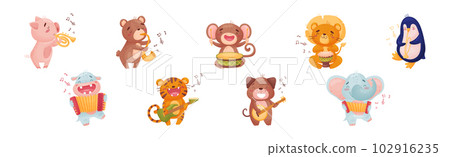 Cute Animal Character Playing Musical Instruments Performing Concert Vector Set Cute Animal Character Playing Musical Instruments Performing Concert Vector Set 102916235