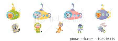 Cute Animal Swimming Under Water on Submarine and with Snorkeling Tube Vector Set Cute Animal Swimming Under Water on Submarine and with Snorkeling Tube Vector Set 102916319
