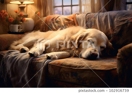 Retriever dog sleeping on sofa, portrait of cut pet lying on couch, generative AI. 102916739