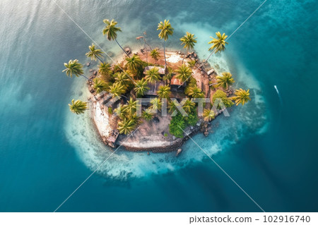 Tropical island with hut and palms surrounded sea blue water, aerial view, generative AI 102916740