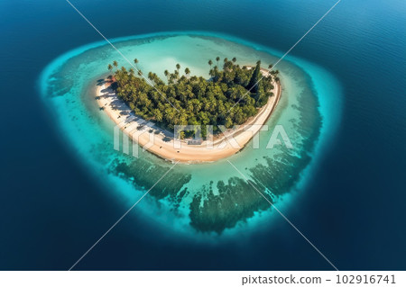Tropical island with beach and palms surrounded sea blue water, aerial view, generative AI 102916741