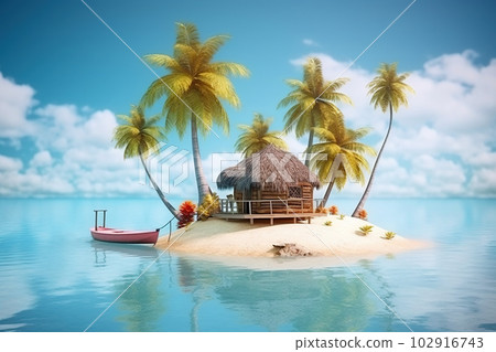 Tropical island with hut and palms surrounded sea blue water, generative AI. 102916743