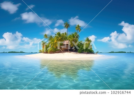Tropical island with hut and palms surrounded sea blue water, generative AI. 102916744