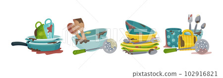 Piles of Dirty Dishes and Utensils with Plates and Cups Vector Set Piles of Dirty Dishes and Utensils with Plates and Cups Vector Set 102916821