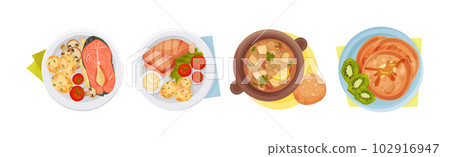 Served Dish on Plate with Salmon, Chicken, Soup and Pancakes Above View Vector Set Served Dish on Plate with Salmon, Chicken, Soup and Pancakes Above View Vector Set 102916947
