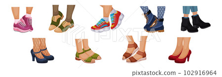Female Legs Wearing Fashion Shoes and Footwear Vector Set 102916964