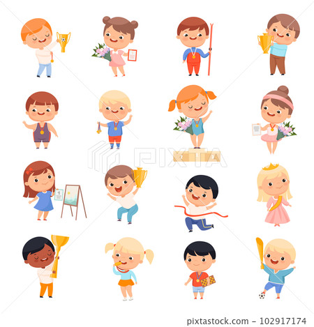Happy Kid Winner with Gold Medal and Certificate of Achievement Big Vector Set Happy Kid Winner with Gold Medal and Certificate of Achievement Big Vector Set 102917174