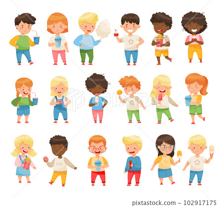 Cute Boy and Girl Drinking Soda and Eating Sweets and Sugary Treats Big Vector Set 102917175