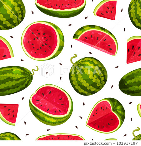 Fresh Watermelon Seamless Pattern Design with Juicy Red Fruit Vector Template Fresh Watermelon Seamless Pattern Design with Juicy Red Fruit Vector Template 102917197