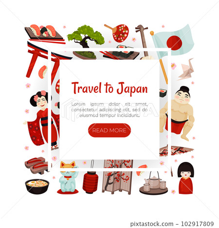 Japan Travel Banner Design with Traditional Symbols Vector Template 102917809