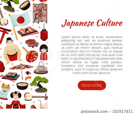 Japan Travel Banner Design with Traditional Symbols Vector Template 102917811