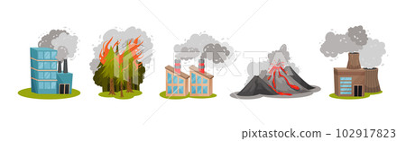 Air Pollution Sources with Industrial Fume and Toxic Waste Emission Vector Scene Set Air Pollution Sources with Industrial Fume and Toxic Waste Emission Vector Scene Set 102917823