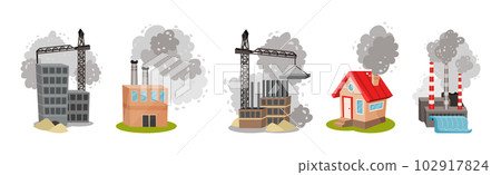 Air Pollution Sources with Industrial Fume and Toxic Waste Emission Vector Scene Set 102917824