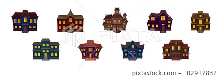 Gloomy Halloween Houses with Scary Shiny Yellow Windows Vector Set 102917832