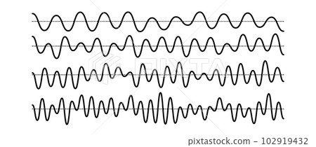 Sinusoid signals set. Black curve sound waves with different frequency and amplitude. Voice or music audio concept. Pulsating lines. Electronic radio graphics collection. Vector templates bundle 102919432