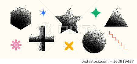 Set of dissolving shapes. Fading cross, hexagon, star, triangle, circle primitives collection. Figures with halftone dust gradient. Geometric elements made of particles, speckles, specks. Vector 102919437