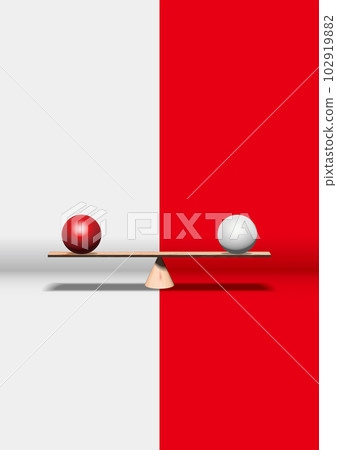 A balanced wooden scale with a red and white ball on it 102919882
