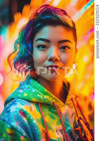 Happy Asian young woman. Colorful gen z girl portrait, positive mindset concept. Generative AI 102920014