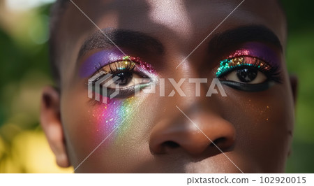 African man with multicolored shadows on his eyelids and glitter. Happy transgender black man outdoors, sunshine. Eyes close up portrait. Generative AI African man with multicolored shadows on his eyelids and glitter. Happy transgender black man outdoors, sunshine. Eyes close up portrait. Generative AI 102920015