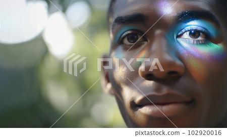 African man with multicolored shadows on his eyelids and glitter. Happy transgender black man outdoors, sunshine. Closeup portrait, copy space. Generative AI 102920016