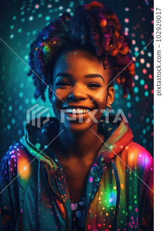 Happy African young woman. Colorful gen z girl portrait, positive mindset concept. Generative AI Happy African young woman. Colorful gen z girl portrait, positive mindset concept. Generative AI 102920017