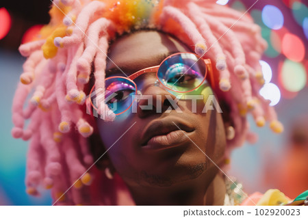 African man with multicolored eyeshadow on his eyelids and glitter. Happy transgender black man outdoors, sunshine. Closeup portrait. Generative AI African man with multicolored eyeshadow on his eyelids and glitter. Happy transgender black man outdoors, sunshine. Closeup portrait. Generative AI 102920023