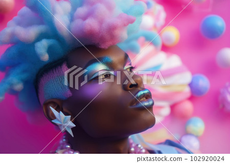 African man with multicolored eyeshadows on his eyelids and glitter. Black drag queen candycore aesthetic. Closeup portrait. Generative AI 102920024