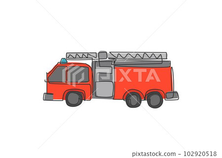 Single continuous line drawing of firetruck emergency rescuer for fireman. Fire engine vehicle isolated minimalism concept. Dynamic one line draw graphic design vector illustration on white background 102920518