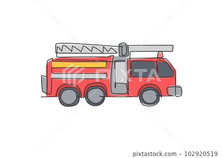 Continuous one line drawing of emergency road vehicle fire engine. Fire truck rescue as fire fighter apparatus hand drawn minimalist concept. Modern single line draw design vector graphic illustration Continuous one line drawing of emergency road vehicle fire engine. Fire truck rescue as fire fighter apparatus hand drawn minimalist concept. Modern single line draw design vector graphic illustration 102920519