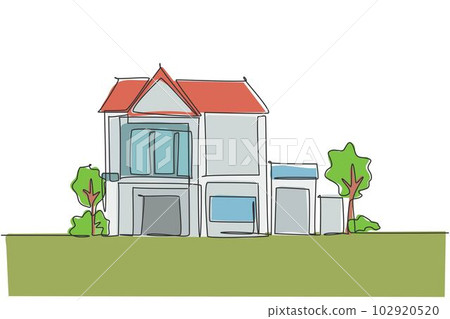 Single one line drawing of green fresh modest house at countryside. Home eco building construction isolated doodle minimal concept. Trendy continuous line draw design graphic vector illustration Single one line drawing of green fresh modest house at countryside. Home eco building construction isolated doodle minimal concept. Trendy continuous line draw design graphic vector illustration 102920520