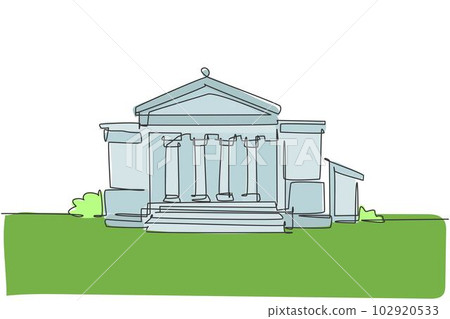 Single one line drawing classic museum construction building with pillar at front. Art gallery structure isolated doodle minimal concept. Trendy continuous line draw design graphic vector illustration 102920533