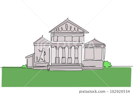 Continuous one line drawing of classic art gallery museum building construction. Exhibition exterior structure hand drawn minimalist concept. Modern single line draw design vector graphic illustration 102920534