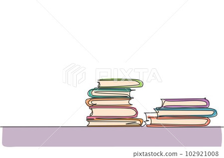 Books stack. Single continuous line pile of books on desk library graphic icon. Simple one line doodle for education concept. Paper isolated vector illustration minimalist design on white background Books stack. Single continuous line pile of books on desk library graphic icon. Simple one line doodle for education concept. Paper isolated vector illustration minimalist design on white background 102921008