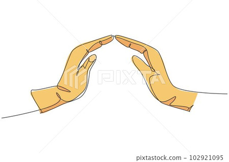 Hands protect. Continuous one line drawing of hand gesture protection minimalist vector illustration design on white background. Isolated simple line modern graphic style. Hand drawn graphic concept 102921095