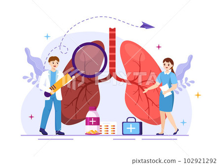 Asthma Disease Vector Illustration with Human Lungs and Inhalers for Breathing in Healthcare Flat Cartoon Hand Drawn Landing Page Templates 102921292