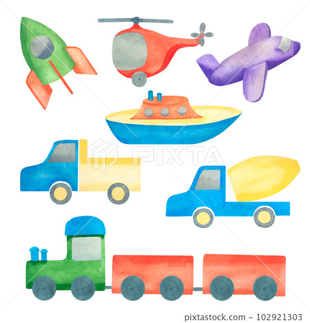 Kids toys. Watercolor illustration of transport: rocket, boat, plane, helicopter, concrete mixer, truck and train. Illustration for children Kids toys. Watercolor illustration of transport: rocket, boat, plane, helicopter, concrete mixer, truck and train. Illustration for children 102921303