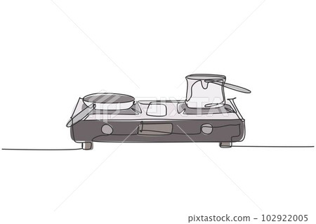 One continuous line drawing of gas stove with stainless steel pan above home appliance. Kitchen electricity household tools template concept. Trendy single line draw design vector graphic illustration One continuous line drawing of gas stove with stainless steel pan above home appliance. Kitchen electricity household tools template concept. Trendy single line draw design vector graphic illustration 102922005