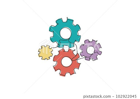 Single continuous line drawing of metal wheel round gear for machinery office logo label. Mechanical company logotype icon concept. Modern one line draw graphic design vector illustration 102922045