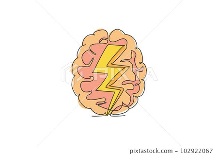 One continuous line drawing of thunderbolt strike inside human brain logo icon. Fast process of thinking logotype symbol template concept. Trendy single line draw design vector illustration One continuous line drawing of thunderbolt strike inside human brain logo icon. Fast process of thinking logotype symbol template concept. Trendy single line draw design vector illustration 102922067