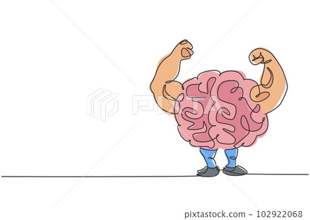 One single line drawing of strong human brain character logo identity. Smart fresh mind for fitness center icon logotype concept. Dynamic continuous line draw design vector graphic illustration One single line drawing of strong human brain character logo identity. Smart fresh mind for fitness center icon logotype concept. Dynamic continuous line draw design vector graphic illustration 102922068