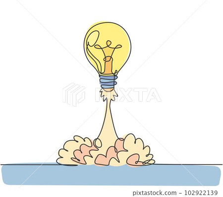 Single continuous line drawing of smart bright light bulb take off flying to the space logo label. Rocket bulb company icon label concept. Modern one line draw graphic design vector illustration 102922139