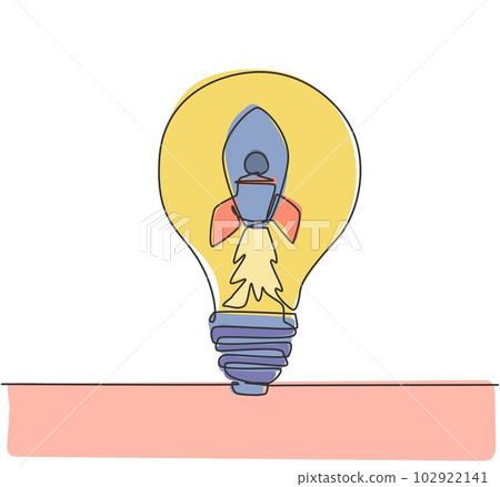 One single line drawing of rocket launch inside shining light bulb logo identity. Company space technology logotype icon template concept. Continuous line draw design graphic vector illustration One single line drawing of rocket launch inside shining light bulb logo identity. Company space technology logotype icon template concept. Continuous line draw design graphic vector illustration 102922141