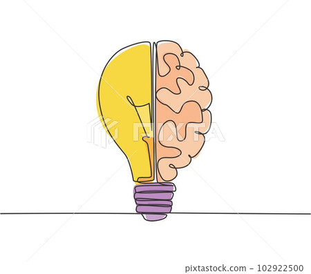 Single continuous line drawing of half light bulb and half human brain logo label. Smart power and psychological company icon label concept. Trendy one line draw graphic design vector illustration 102922500