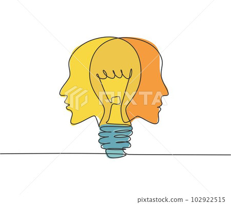 Single continuous line drawing of twin human face with light bulb in the middle logo label. Psychology mind inspiration icon label concept. Trendy one line draw graphic design vector illustration Single continuous line drawing of twin human face with light bulb in the middle logo label. Psychology mind inspiration icon label concept. Trendy one line draw graphic design vector illustration 102922515