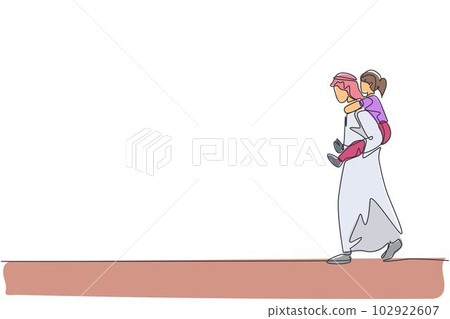 One single line drawing of young Arabian dad talking while piggyback carry her daughter at park vector illustration. Happy Islamic muslim family parenting concept. Modern continuous line draw design 102922607