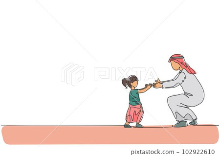 Single continuous line drawing of young Arabian dad teach how to walk to his daughter toddler at home. Islamic muslim happy family fatherhood concept. Trendy one line draw design vector illustration 102922610