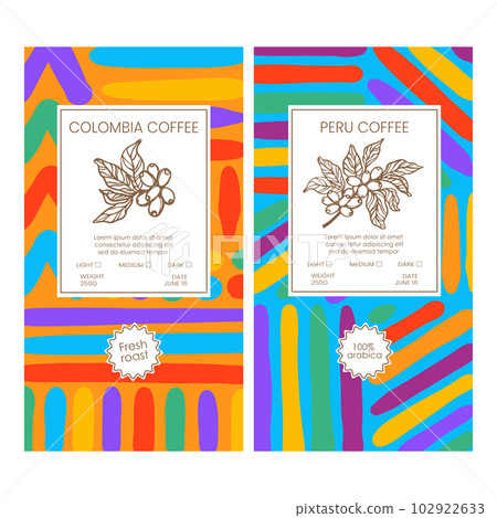 COFFEE PACKAGING Abstract Simple Style Vintage Colorful Figures Doodle In Organic With Hand Drawn Coffee Beans Templates Packaging Design And Labels Vector Set 102922633