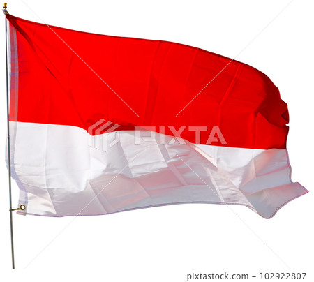 Against background of cloudy sky, white-red Monegasque flag flutters on flagpole Against background of cloudy sky, white-red Monegasque flag flutters on flagpole 102922807